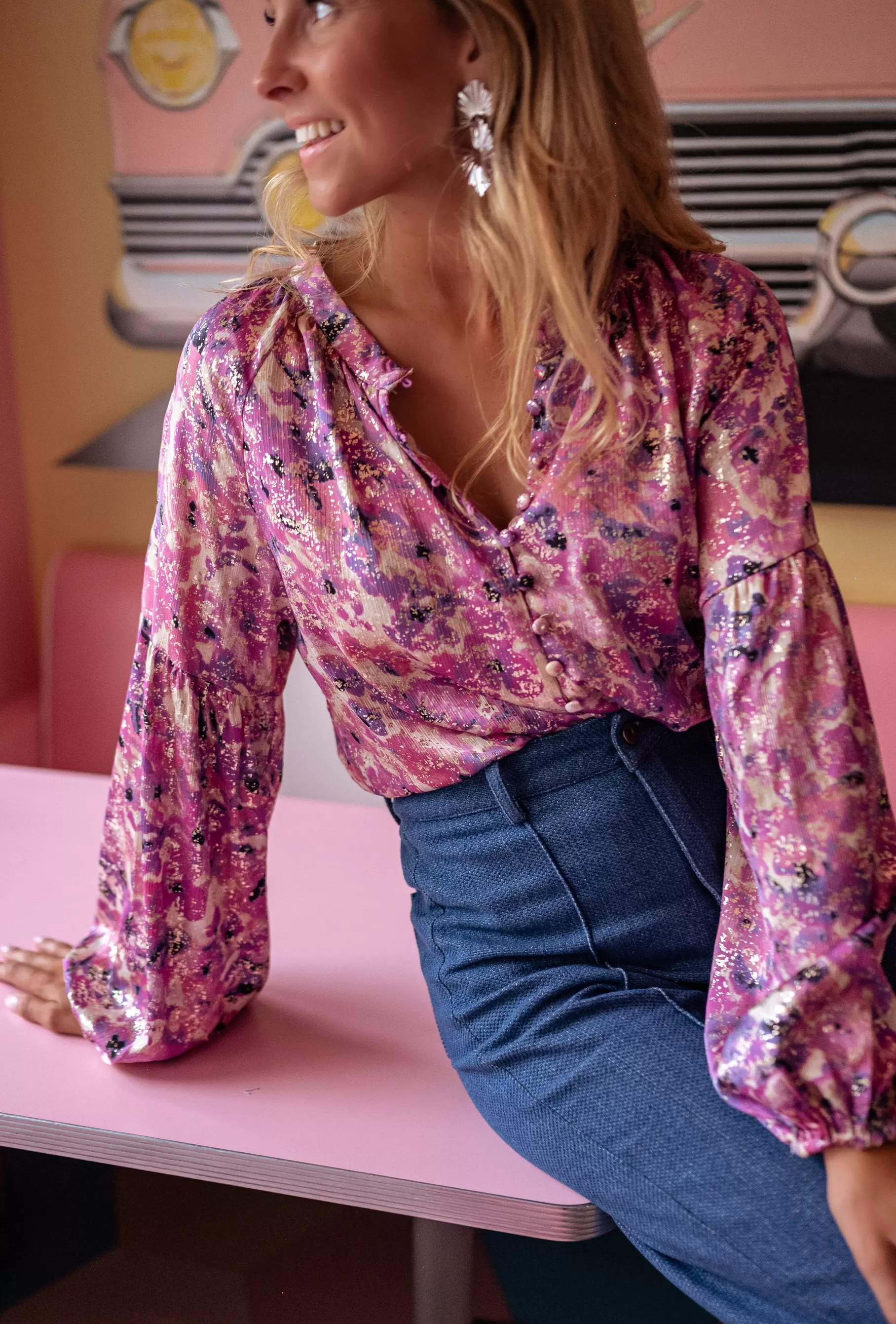 Easy Clothes Chemisiers & Blouses-Blouse Jackson - Mauve à Motifs - Manches Ballons