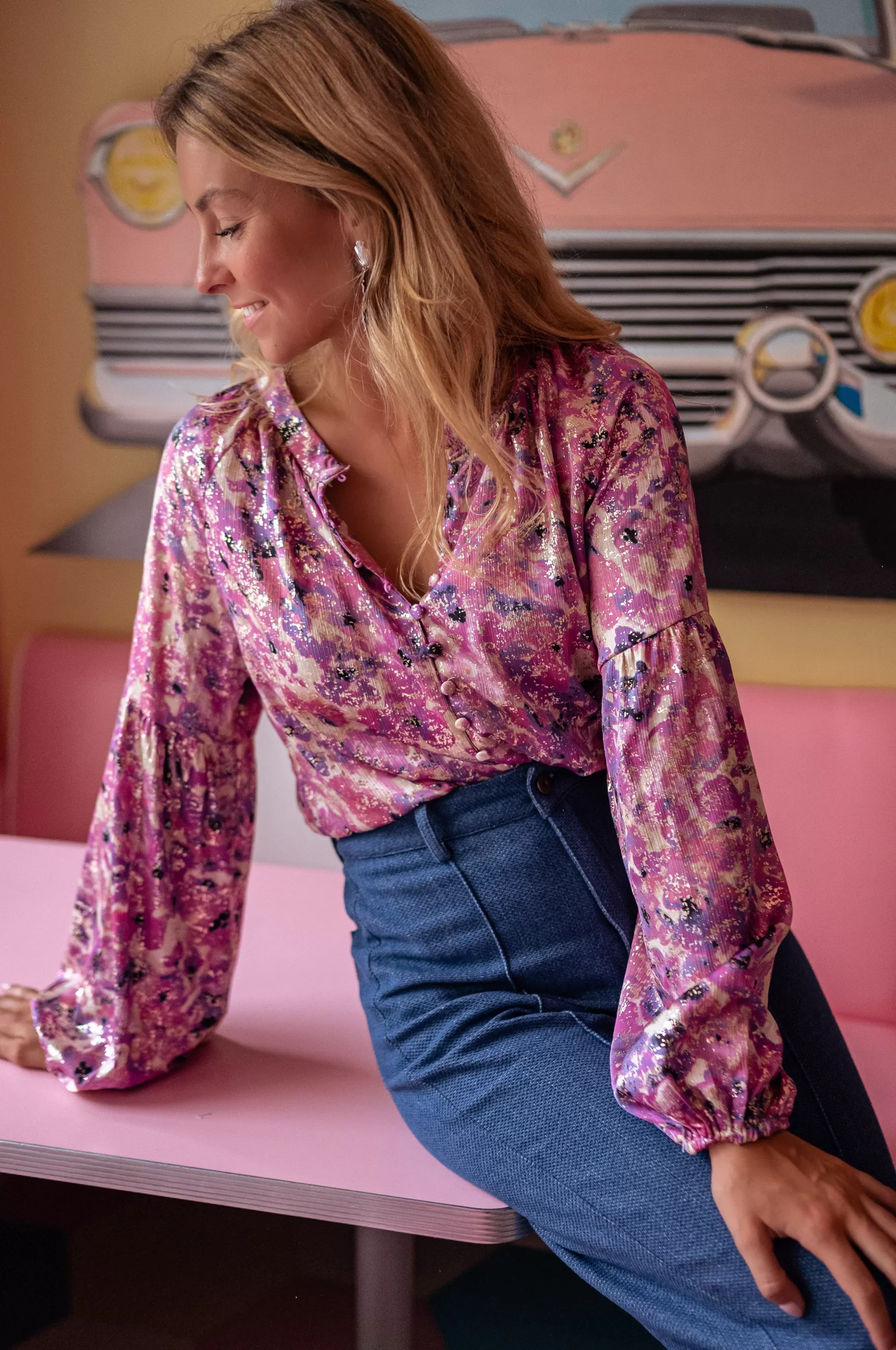 Easy Clothes Chemisiers & Blouses-Blouse Jackson - Mauve à Motifs - Manches Ballons