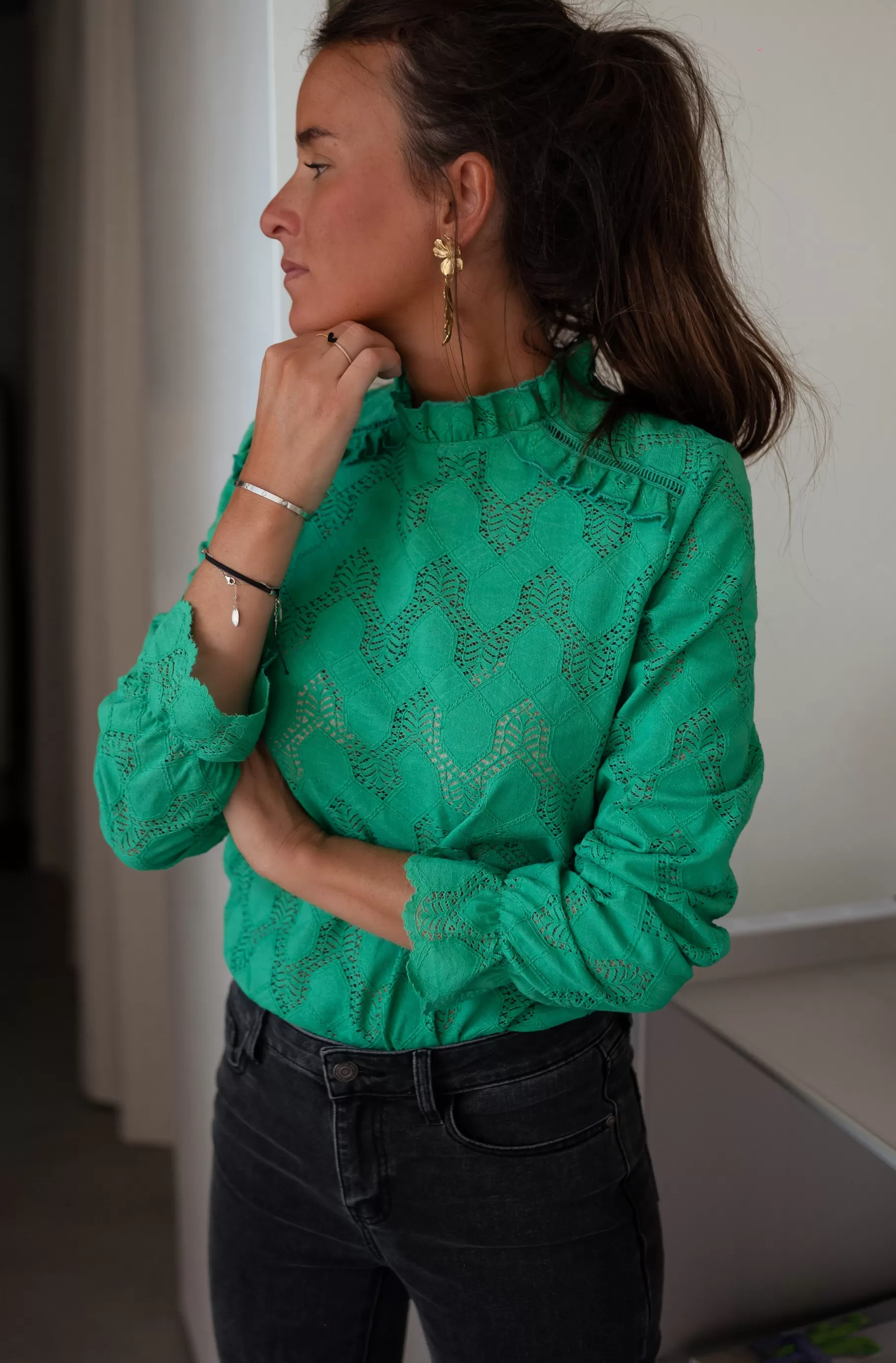 Easy Clothes Chemisiers & Blouses-Blouse Walker Verte - Col Montant & Broderie - Vêtements Femme