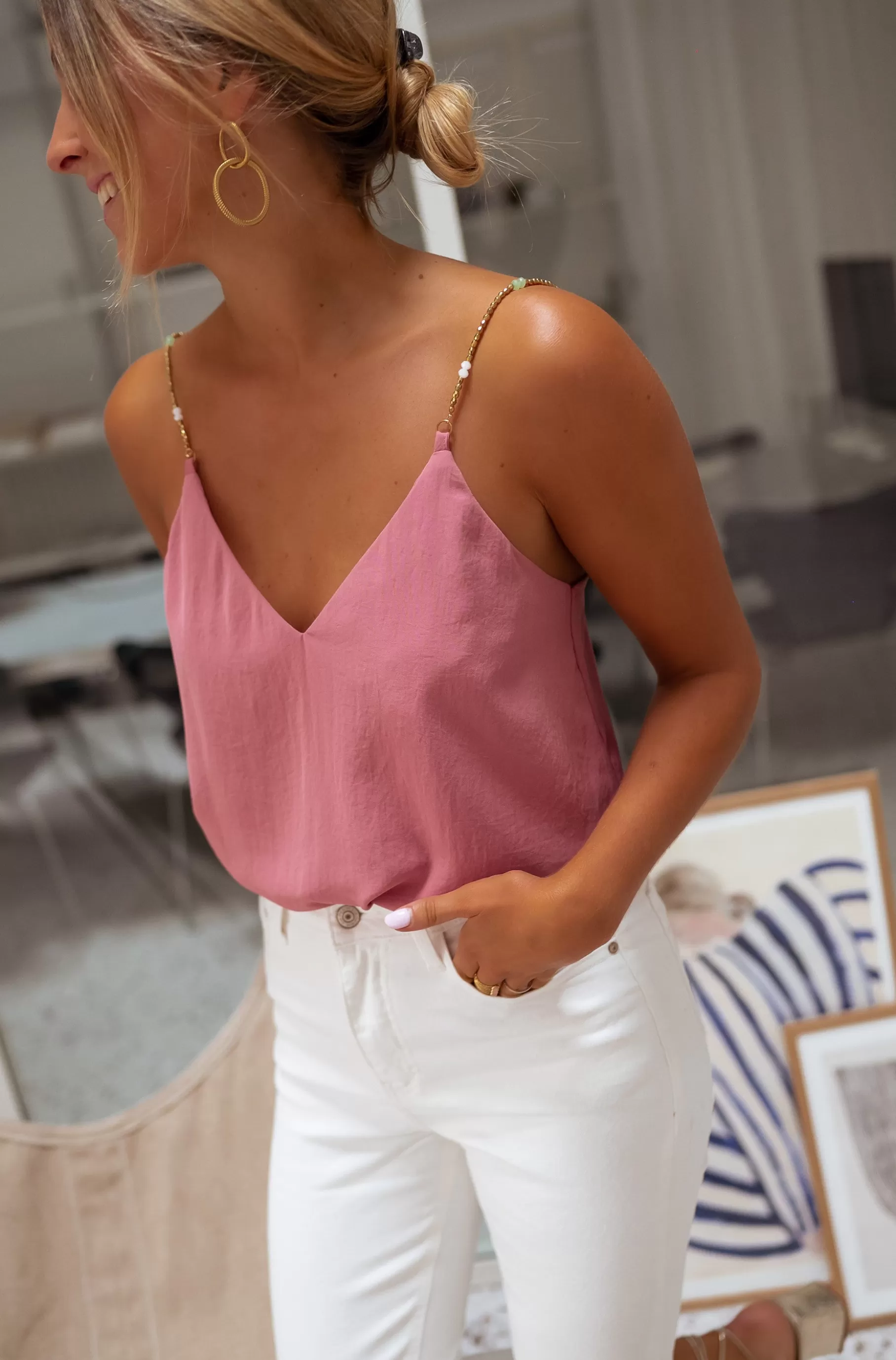 Easy Clothes Tops & T-shirts-Top Lacty - Vieux Rose - Bretelles à Perles - Vêtements Femme